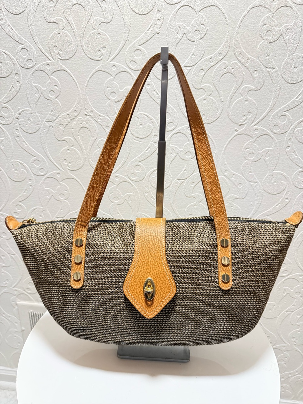 Eric Javits Black and Tan Woven Tote with Gold Logo Plaque